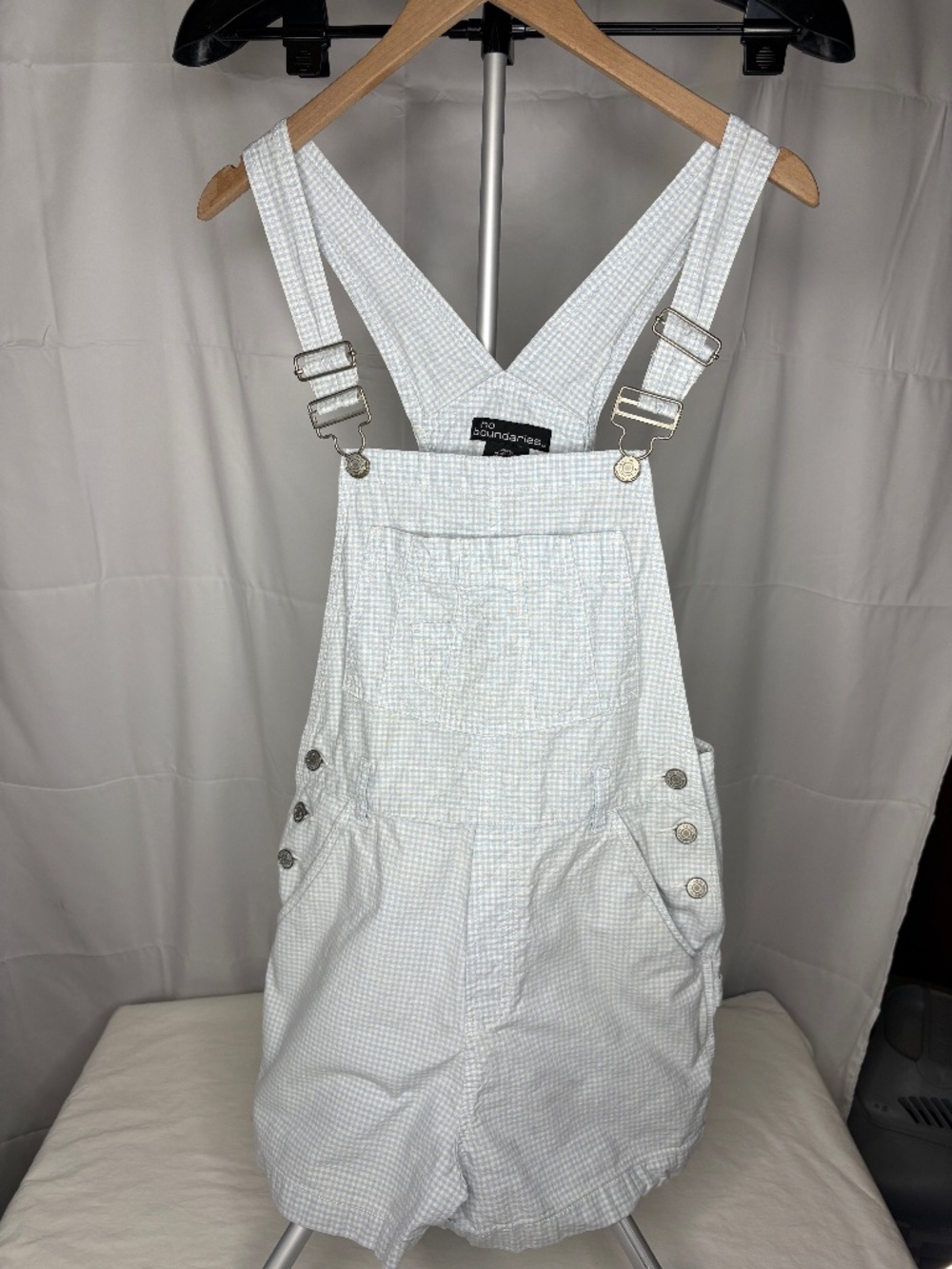 VTG 90's NO BOUNDARIES Blue/White CheckPlaid Short Overalls Junior M 7/9 Gingham